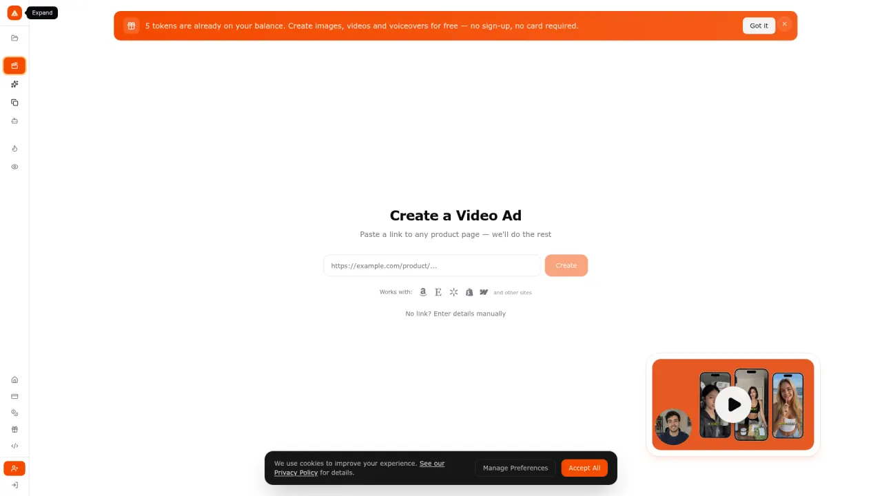 Screenshot of the Prizmad video ad generator workspace at prizmad.com/new — the URL-to-video-ad pipeline agents and brokerages use to turn a property listing into an ad