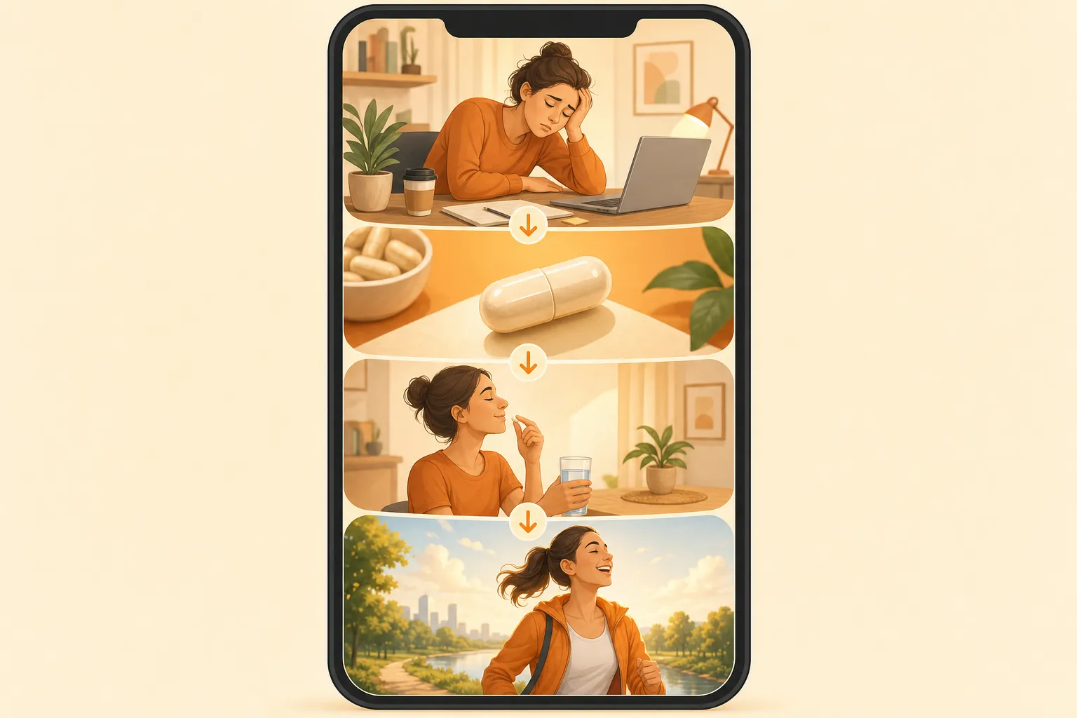 Anatomy of a supplement video ad — a vertical phone frame split into four beats: a tired person at a desk, a supplement capsule close-up, a routine with a glass of water, and an energetic person outdoors, connected by arrows