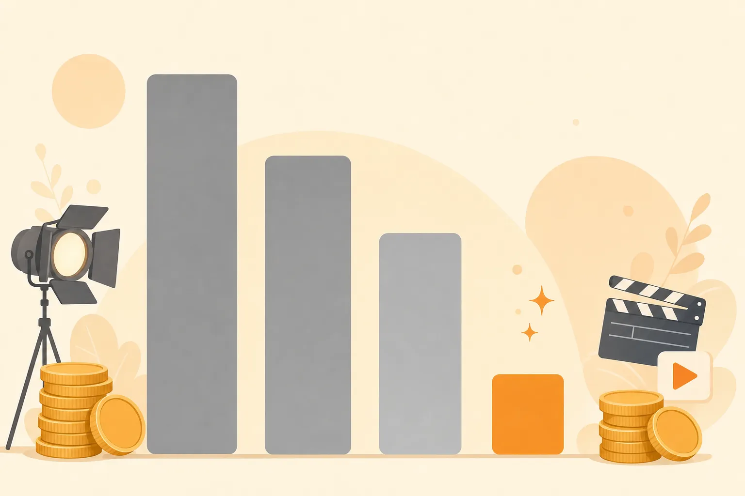 Video ad production cost comparison — three tall gray bars for studio, agency, and UGC creator, and one small orange bar for the AI pipeline, with coins on a cream background