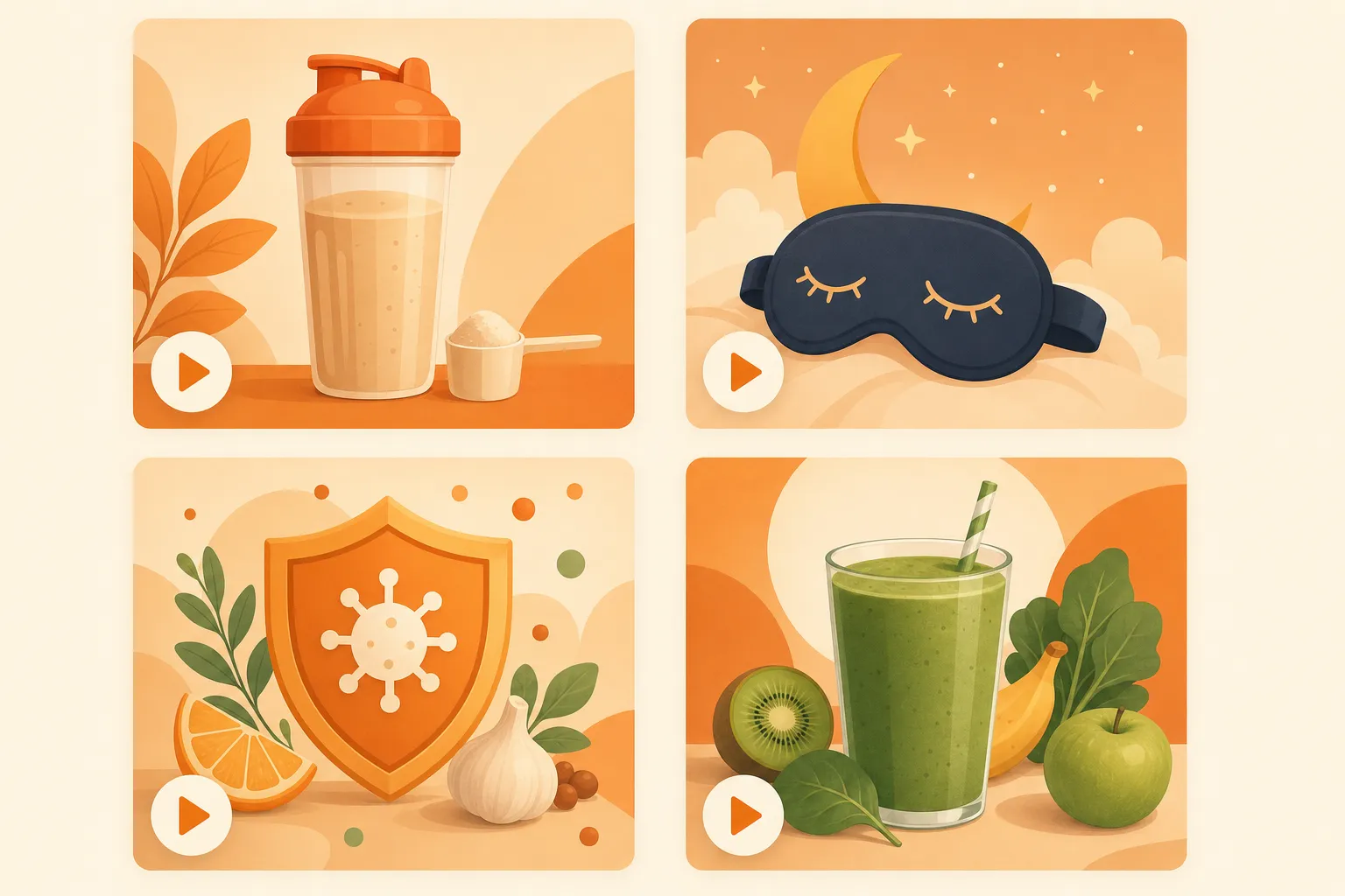 Four supplement niches shown as square video frames in a grid — a protein shaker, a sleep mask with a moon, a shield with an immune symbol, and a green smoothie, each with a play button