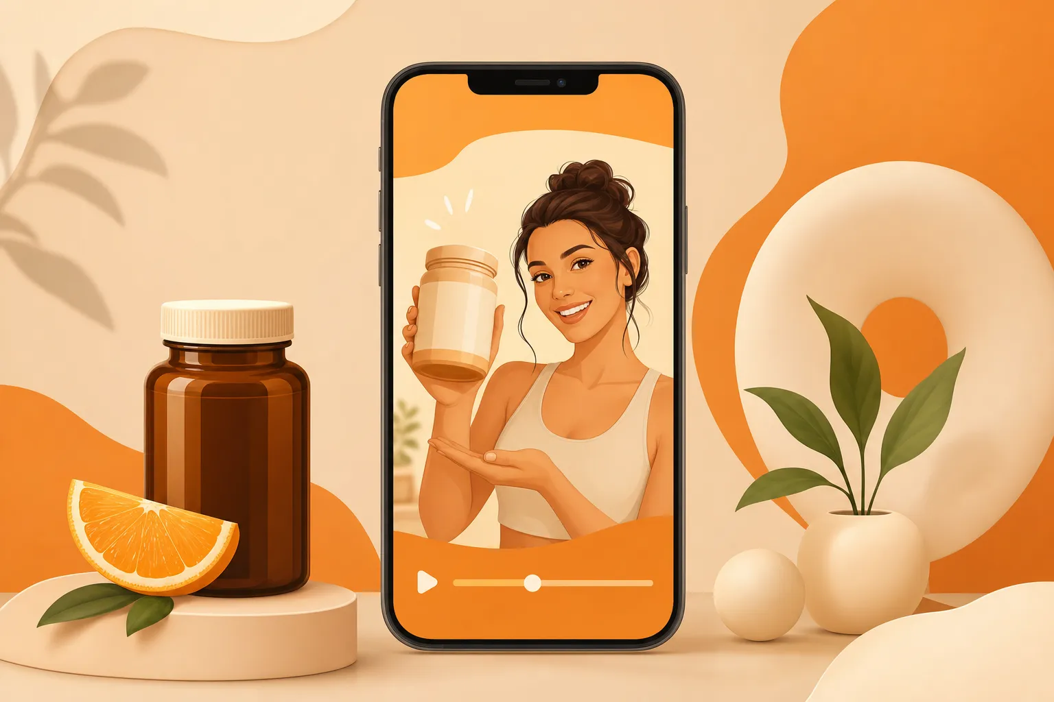 A vertical phone showing a wellness video ad with a person holding a supplement jar, surrounded by a supplement bottle, an orange slice, and soft cream shapes in a warm orange and cream flat illustration style