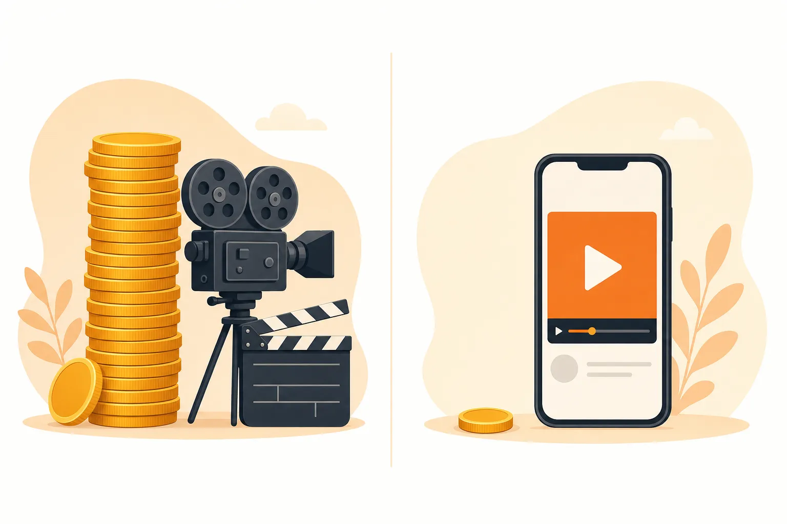 Eine Kosten-Illustration im Direktvergleich: links ein hoher Stapel goldener Münzen neben einer Filmkamera und Filmklappe, rechts ein Smartphone, das ein vertikales Video abspielt
