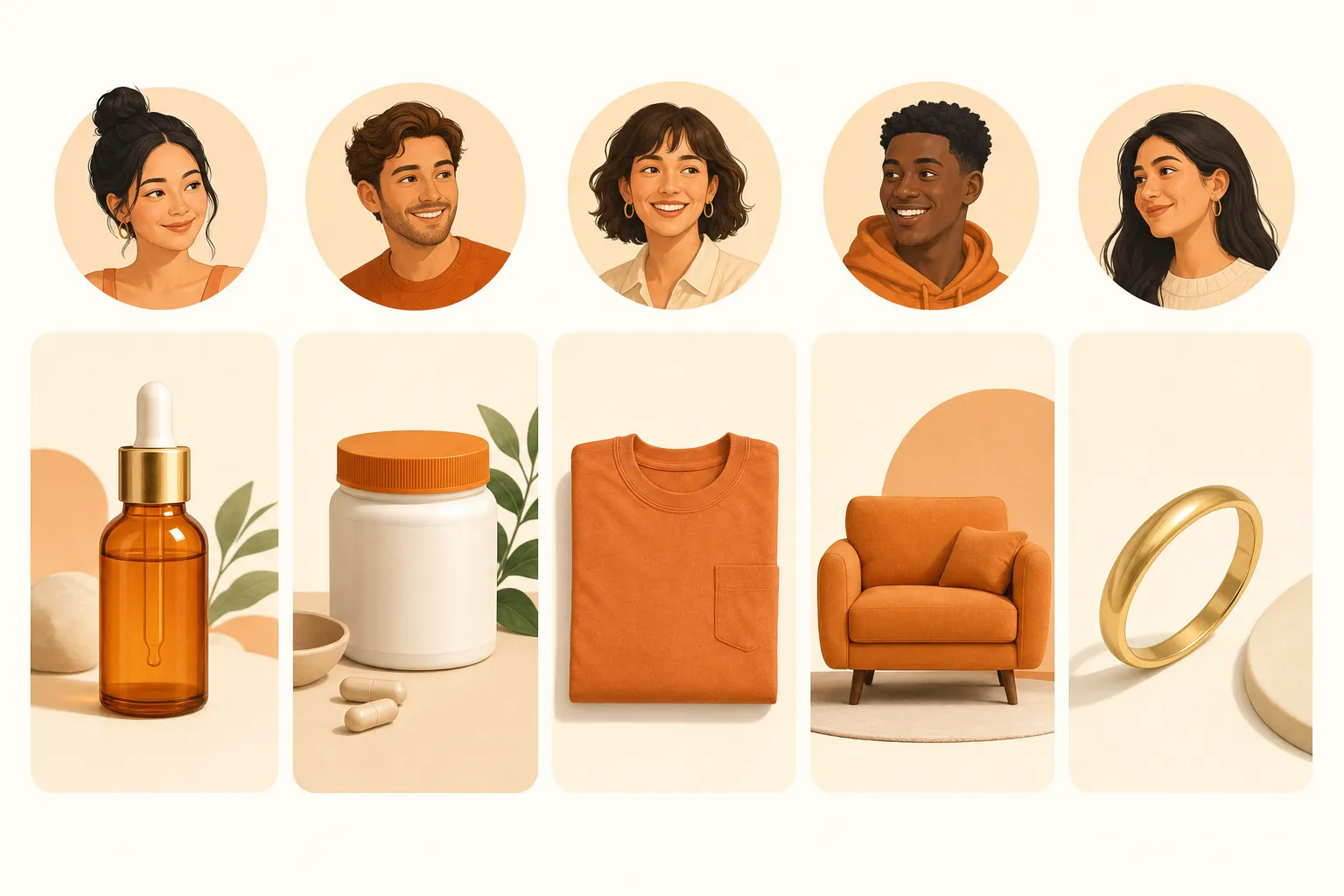A grid of five product objects, each with a small talking-head portrait above it: a skincare serum bottle, a supplement jar, a folded t-shirt, a small sofa, and a gold ring