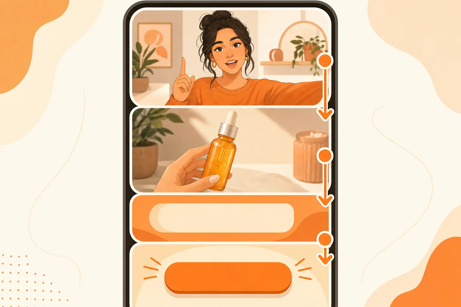 A creator presenting a serum bottle, with orange arrows connecting the presenter to product close-ups — the flow of a Spark Ad beat structure