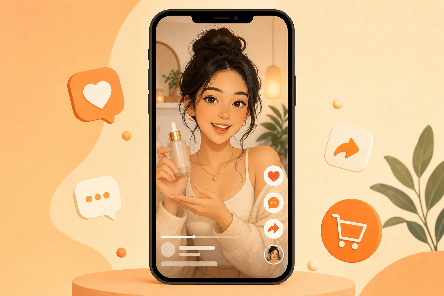 A vertical smartphone showing a TikTok-style short video with a friendly creator holding a skincare product, floating like, comment and share icons and a shopping cart around it, in a warm orange and cream flat illustration style