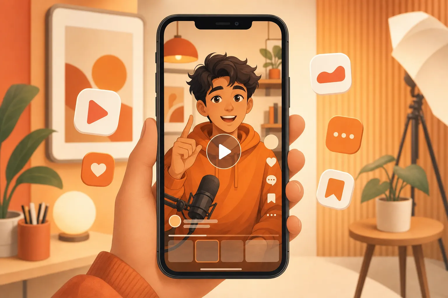 A smartphone showing a vertical 9:16 YouTube Shorts ad with a creator avatar in the center, surrounded by floating Shorts feed UI elements in a warm cream flat illustration style