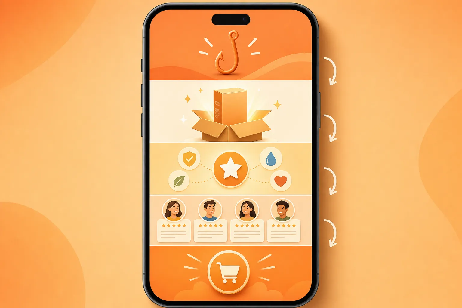 Anatomy of a YouTube Shorts ad — a vertical phone frame split into four beats: hook, product reveal, proof, and CTA, with arrows showing the viewer's swipe decision point after the first two seconds