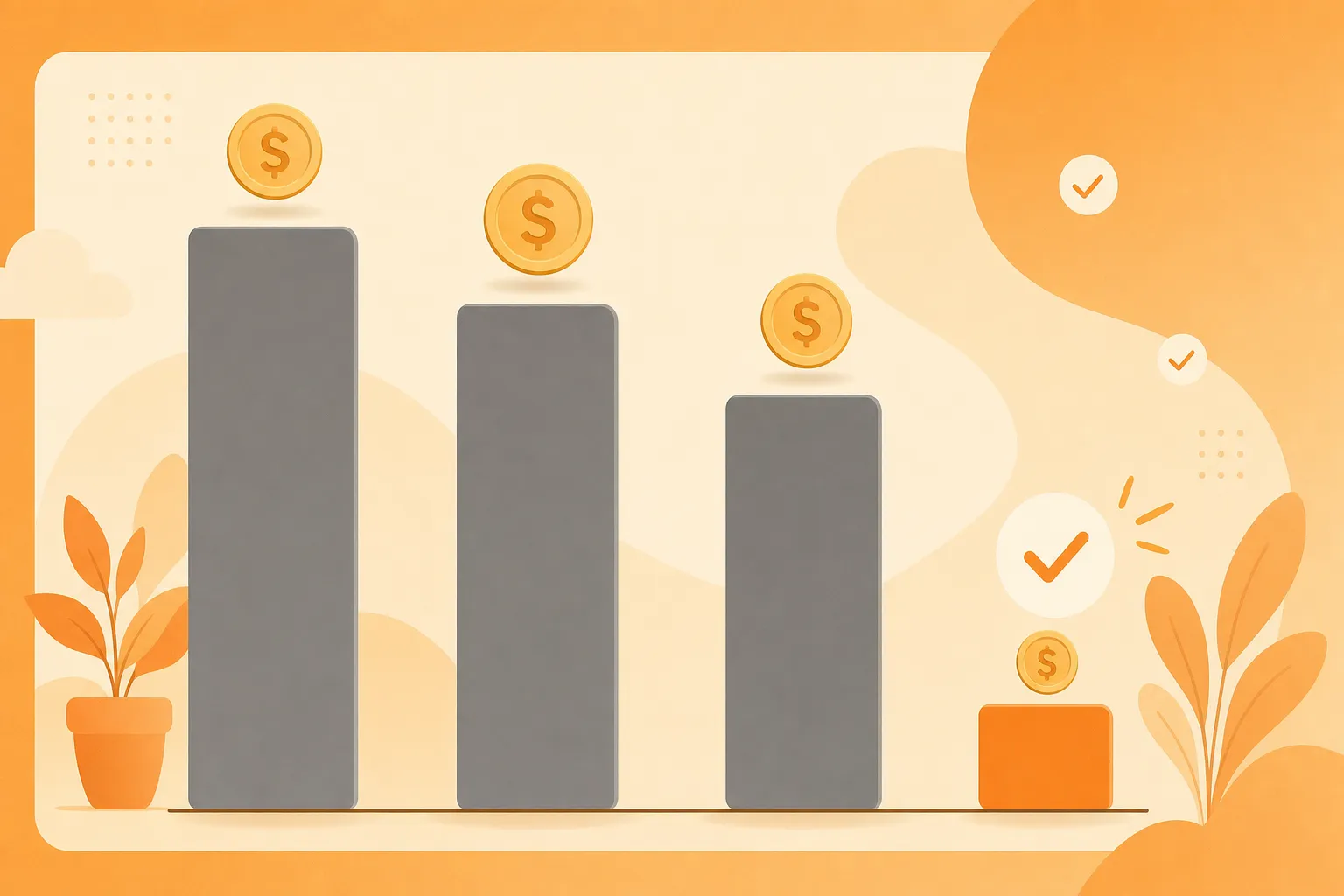 YouTube Shorts ad production cost comparison — three tall gray bars for studio, agency, and UGC creator, and one small orange bar for the AI pipeline, in a warm flat illustration style