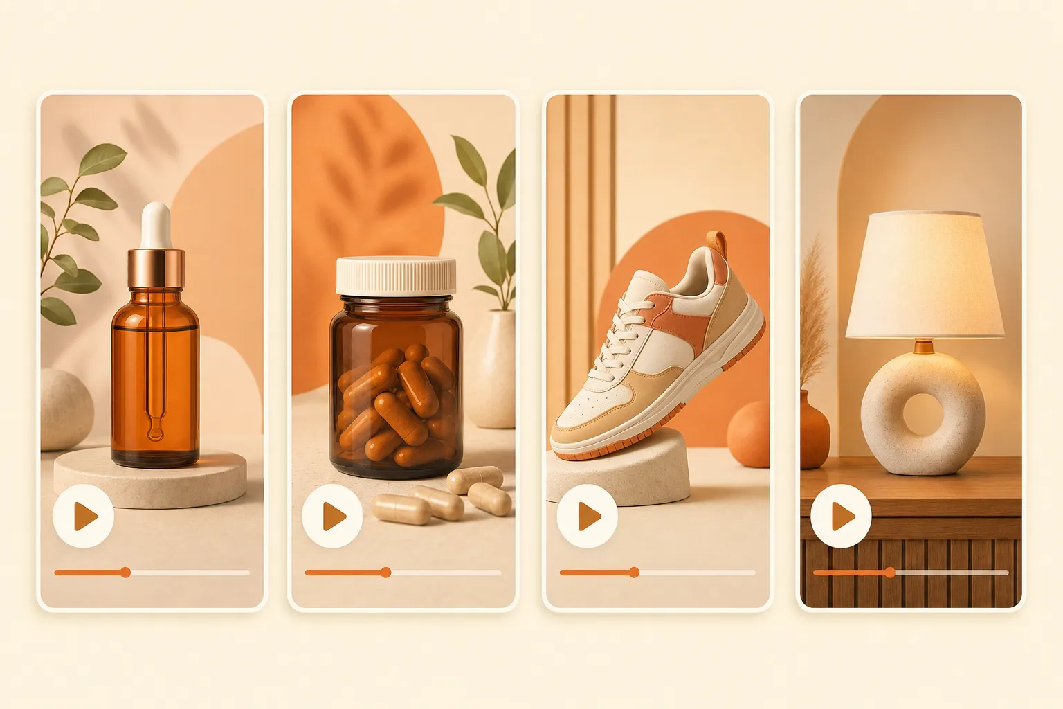 Four ecommerce niches shown as vertical video frames: skincare serum, supplement jar, fashion sneaker, and home decor lamp, each in a warm cream flat illustration style
