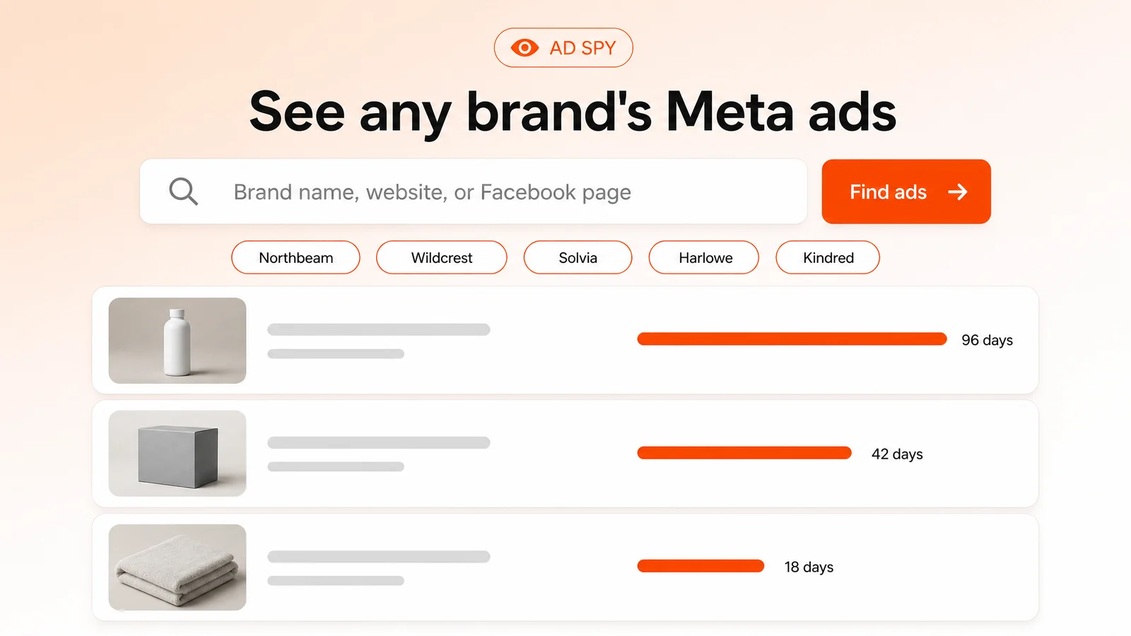 การค้นหา Ad Spy สำหรับแบรนด์ เว็บไซต์ หรือเพจ Facebook พร้อมโฆษณา Meta ของคู่แข่งที่จัดอันดับตามจำนวนวันที่โฆษณาถูกลง