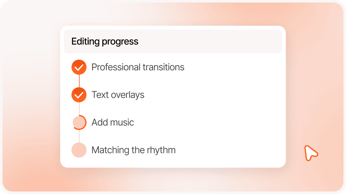 Automatic video editing with professional transitions, text overlays, and auto captions