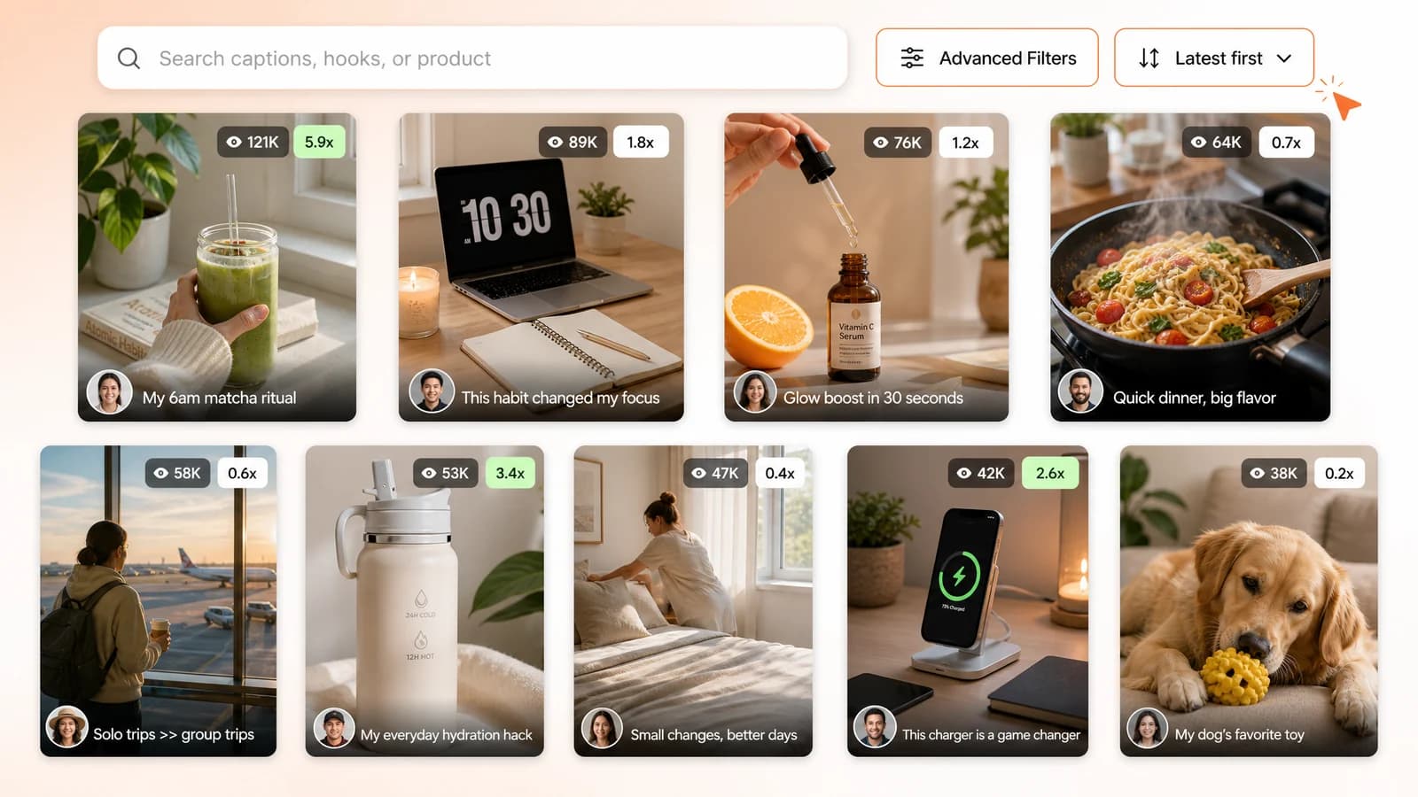 คลัง Viral Videos พร้อมการค้นหาและตัวกรองเหนือภาพขนาดย่อของ UGC ที่แสดงจำนวนวิวและตัวคูณจุดที่แตกต่าง