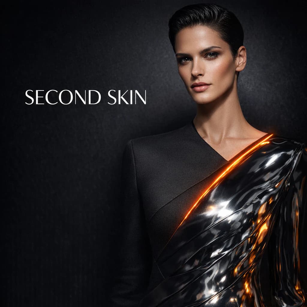SECOND SKIN premium fashion campaign with a graphite-to-chrome editorial look