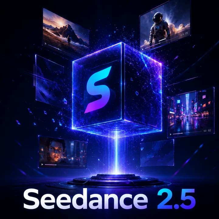 Seedance 2.5 neon cube surrounded by futuristic video panels