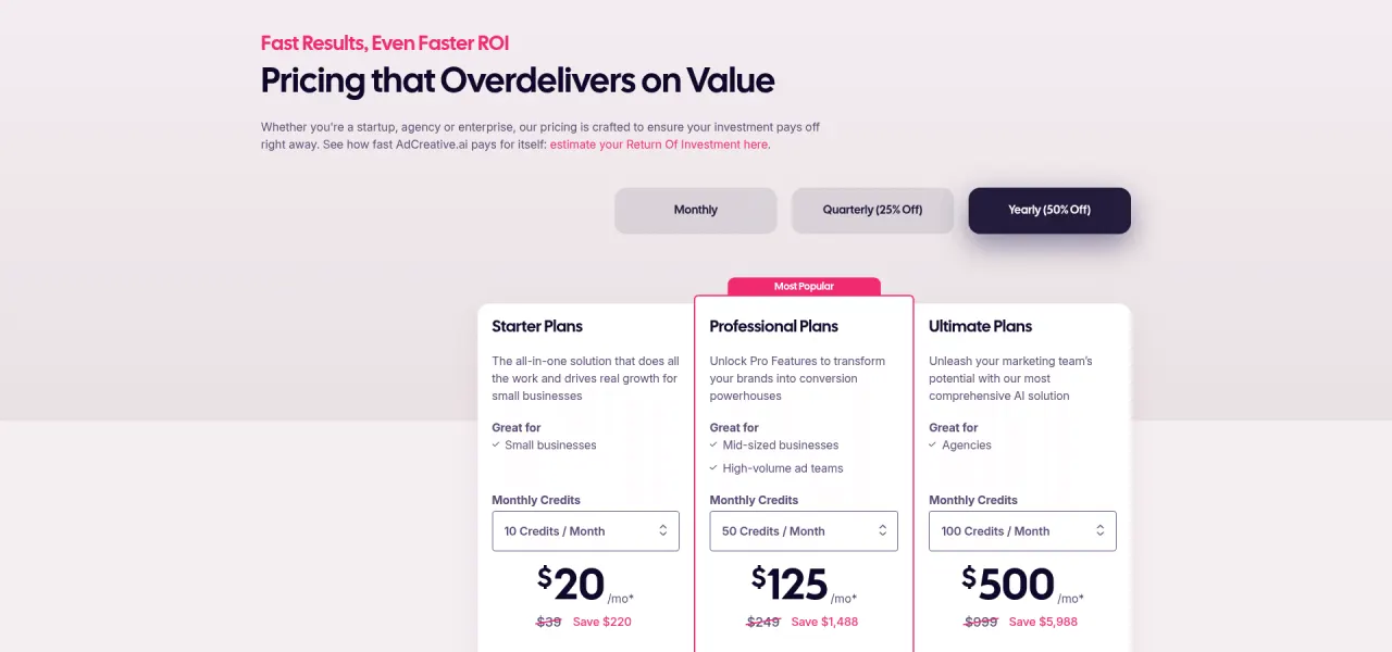 AdCreative.ai pricing page screenshot