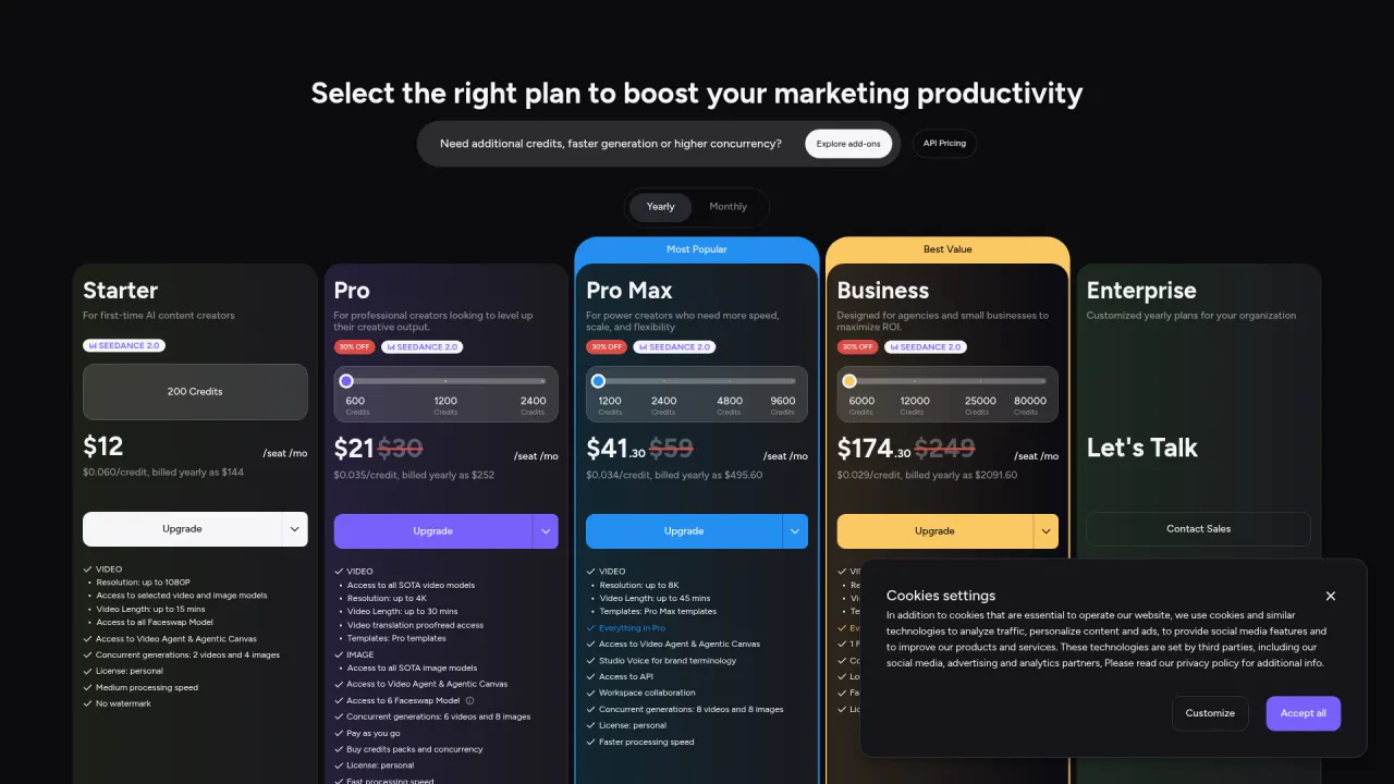 Akool pricing page screenshot