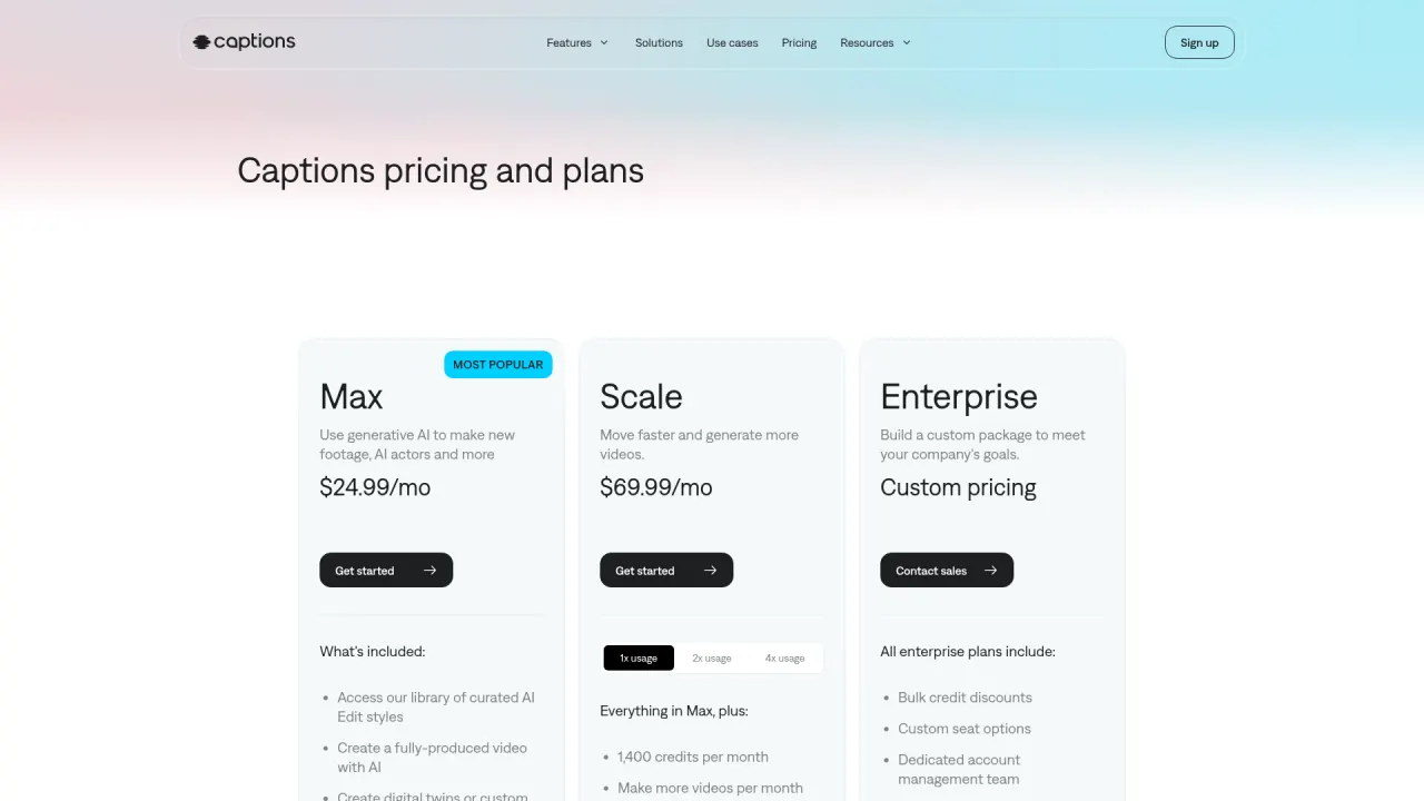 Captions pricing page screenshot