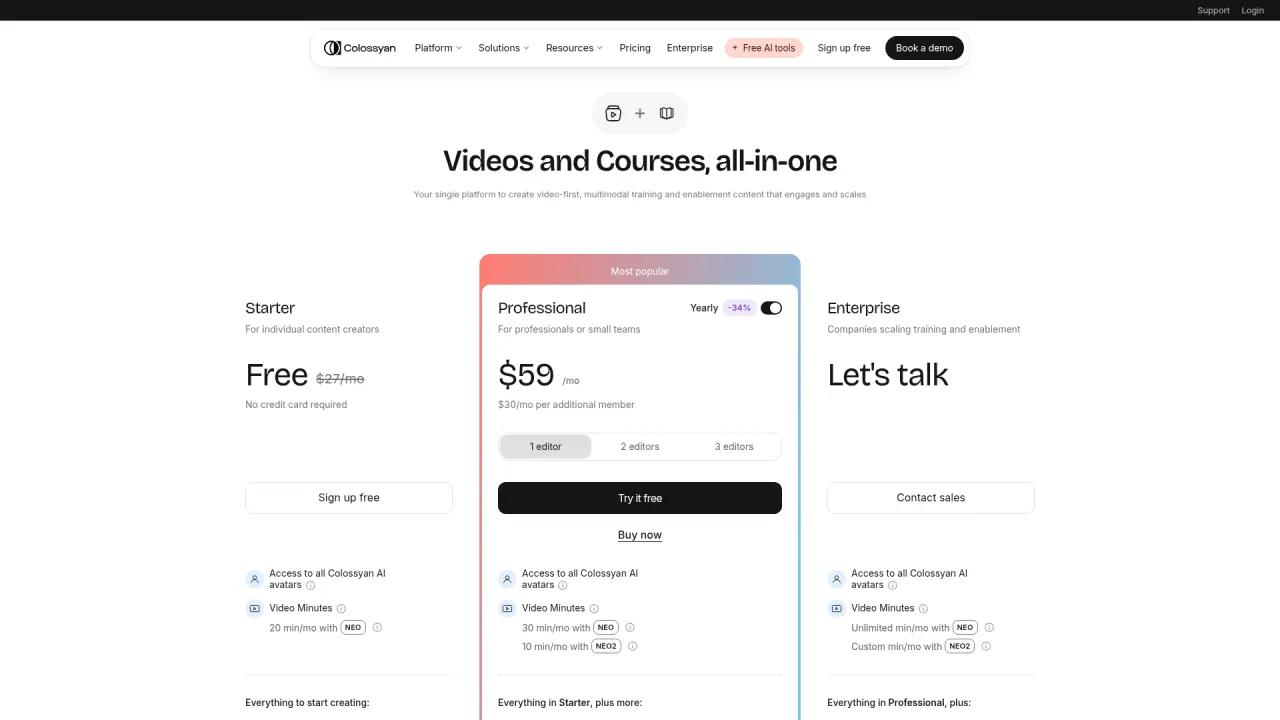 Colossyan pricing page screenshot