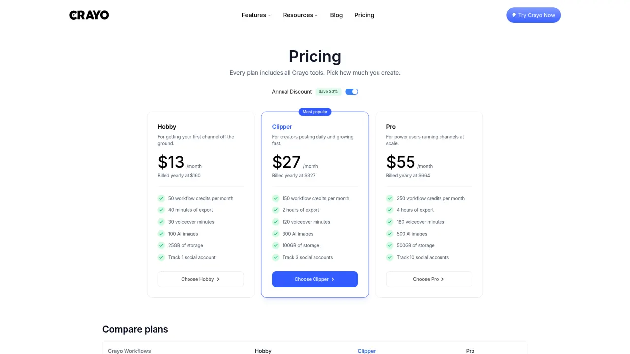 Crayo pricing page screenshot