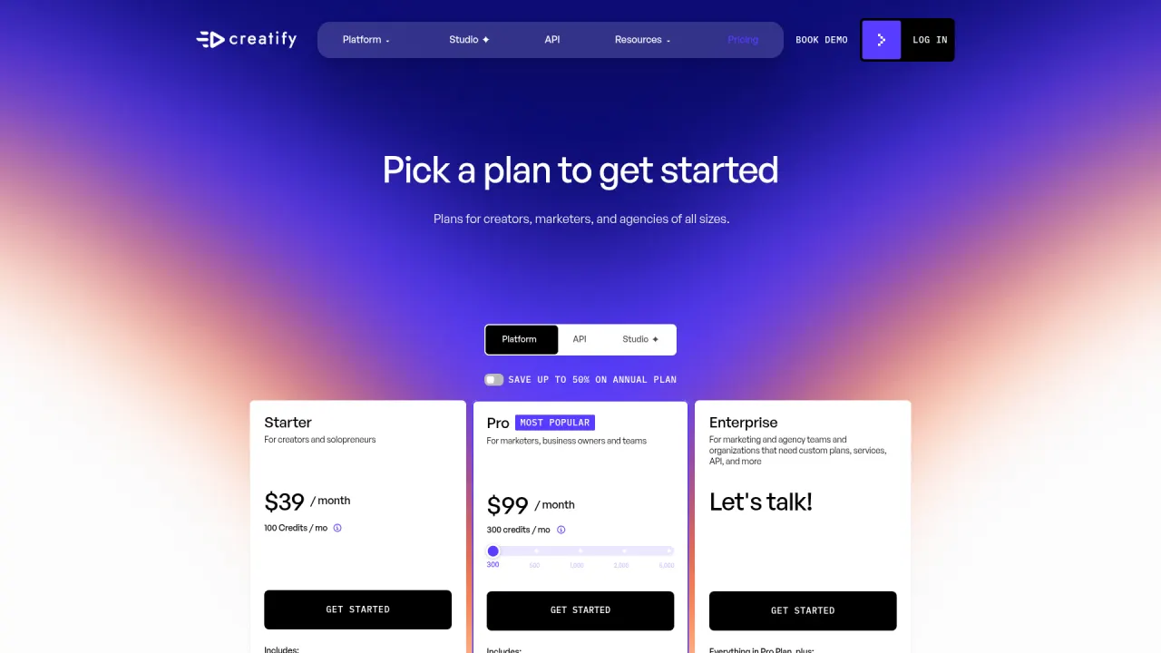 Creatify pricing page screenshot