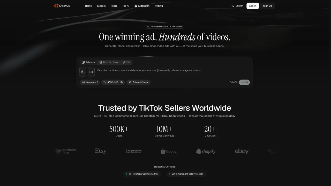 CreatOK homepage screenshot — AI TikTok Shop video generator