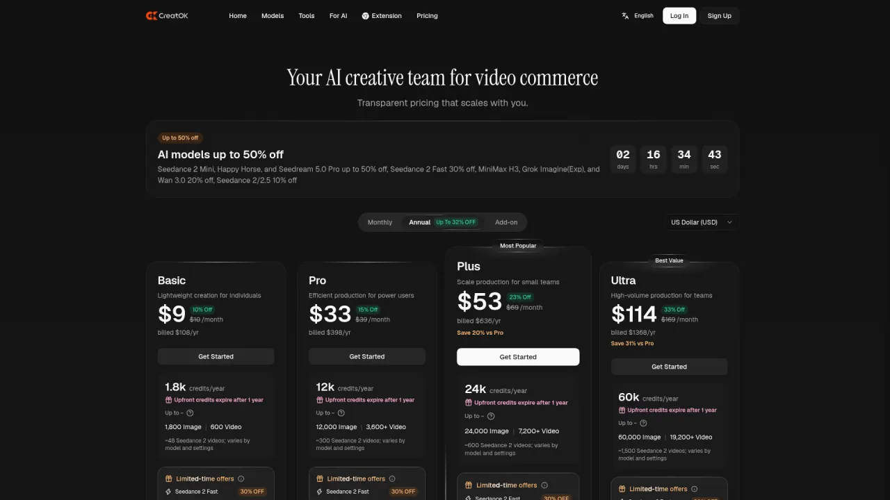 CreatOK pricing page screenshot with Basic, Pro, Plus and Ultra plan cards