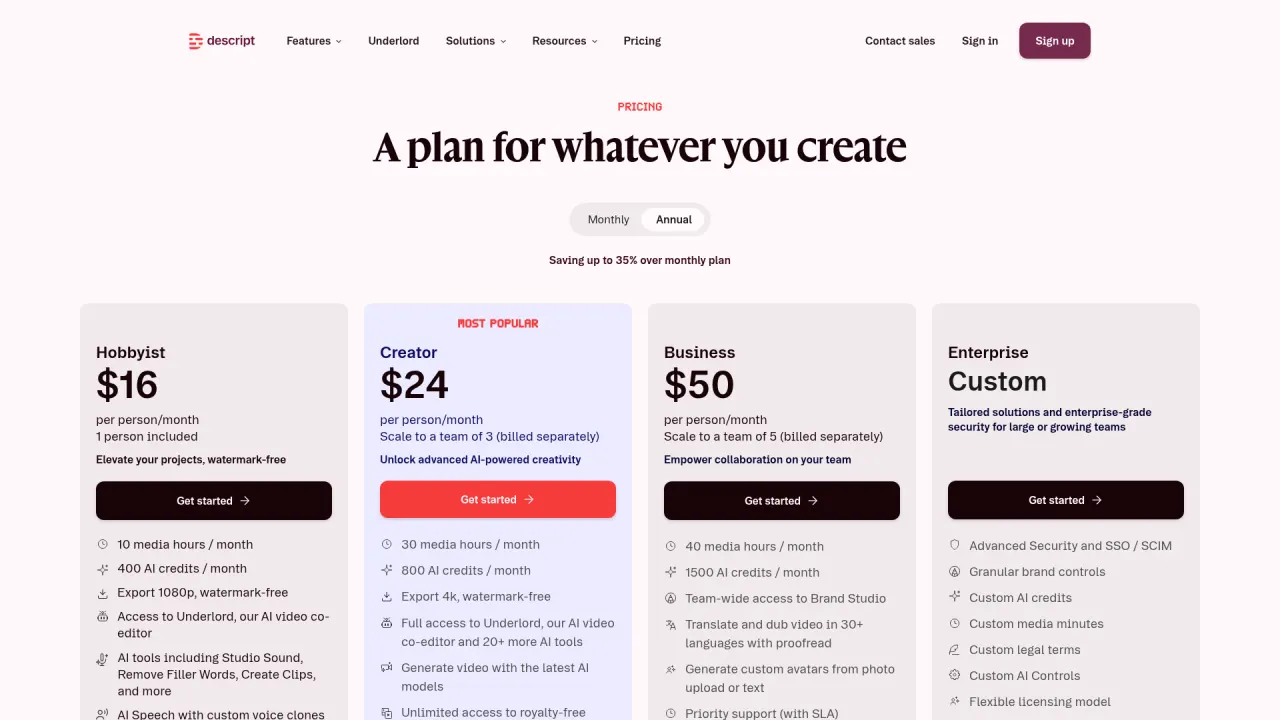 Descript pricing page screenshot