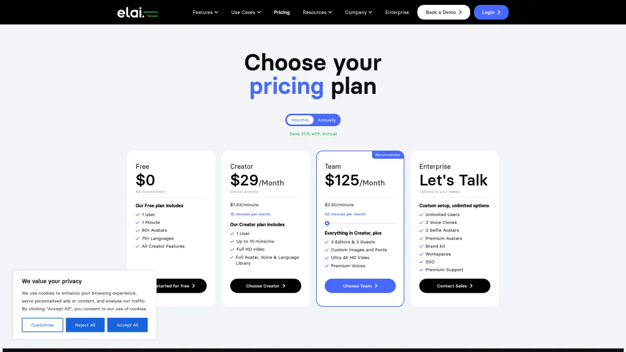 Elai pricing page screenshot