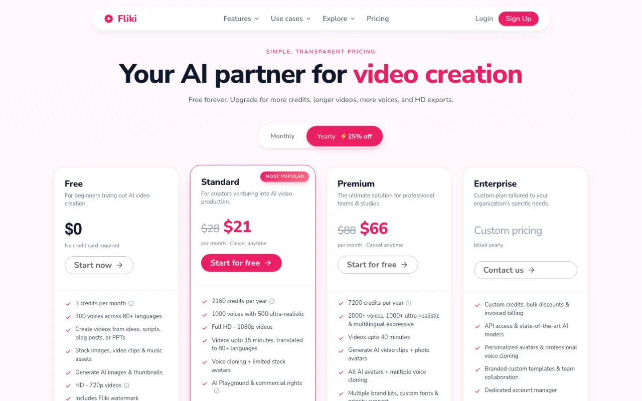 Fliki pricing page screenshot