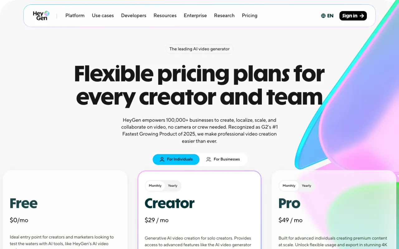 HeyGen pricing page screenshot