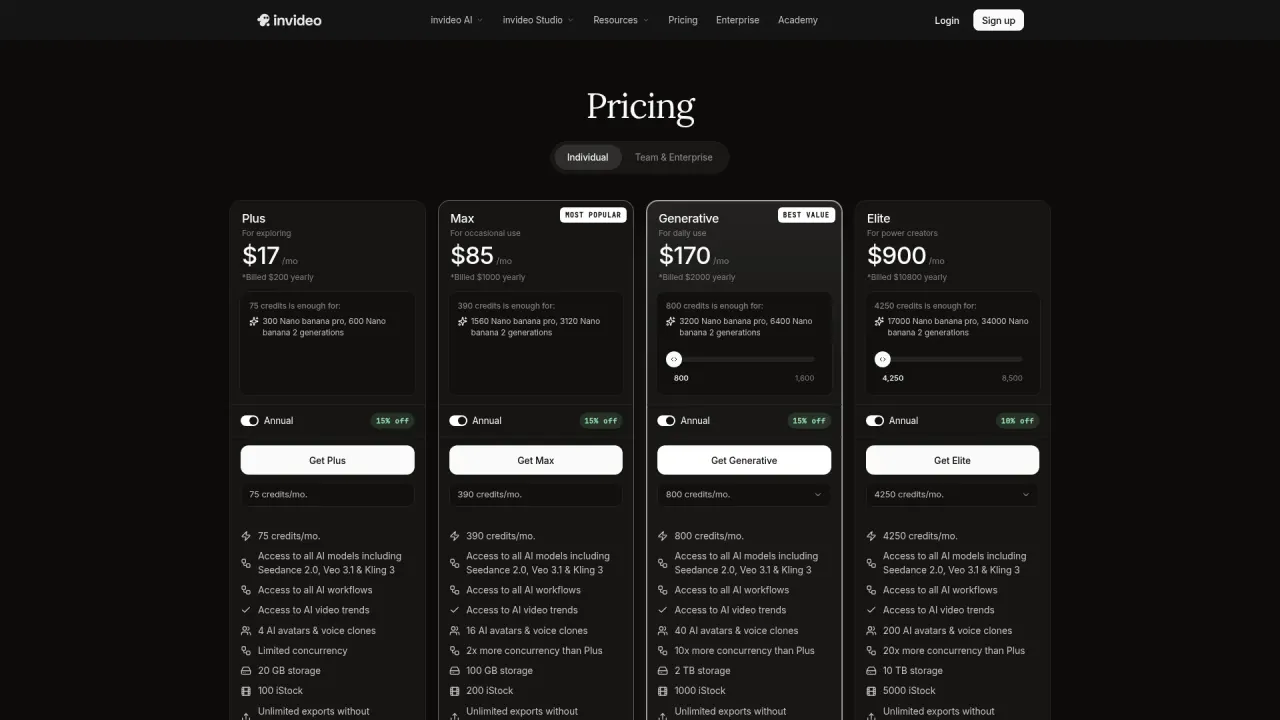 InVideo AI pricing page screenshot