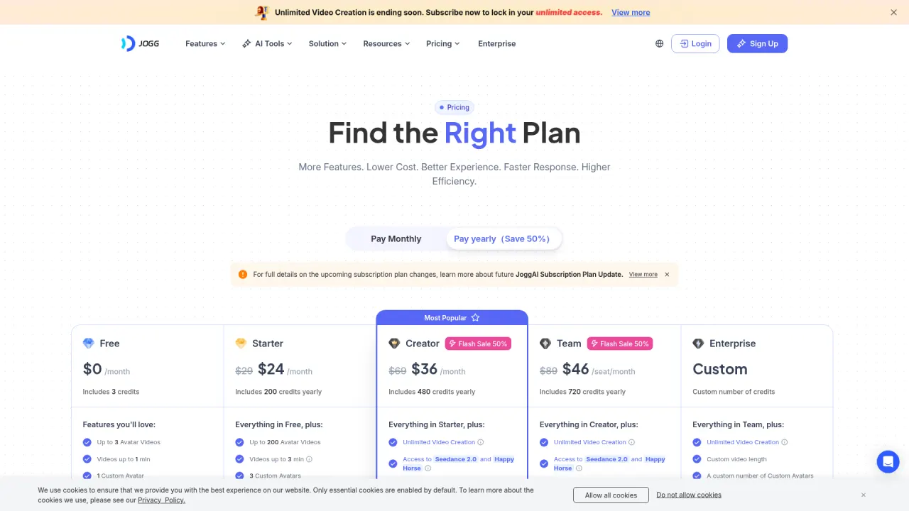 JoggAI pricing page screenshot