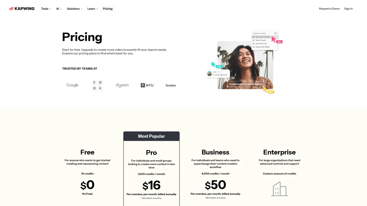 Kapwing pricing page screenshot