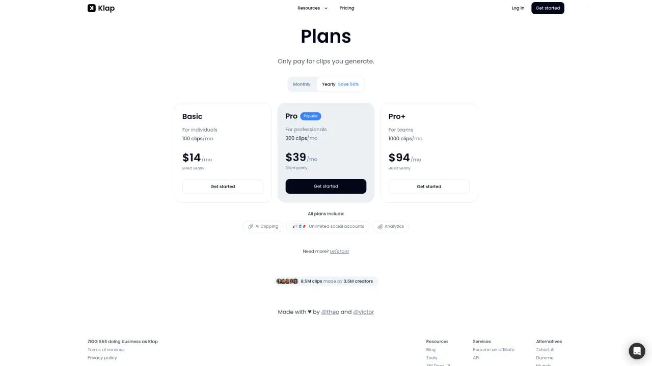 Klap pricing page screenshot