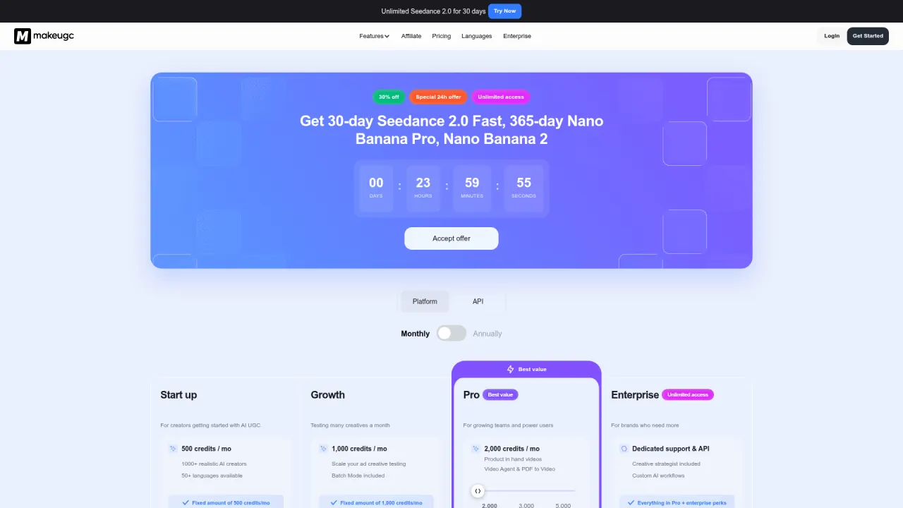 MakeUGC pricing page screenshot