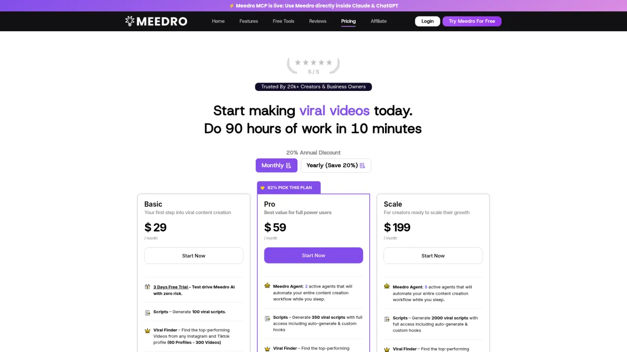 Meedro AI pricing page screenshot