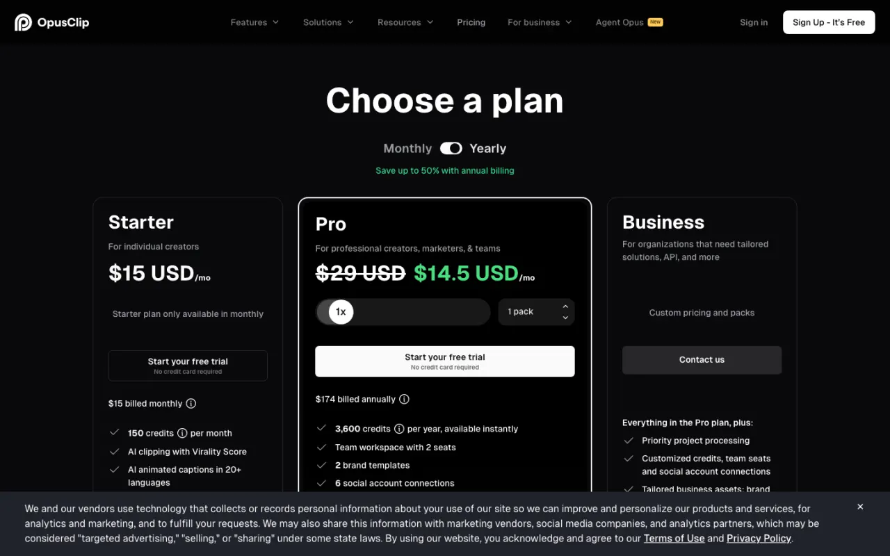 OpusClip pricing page screenshot