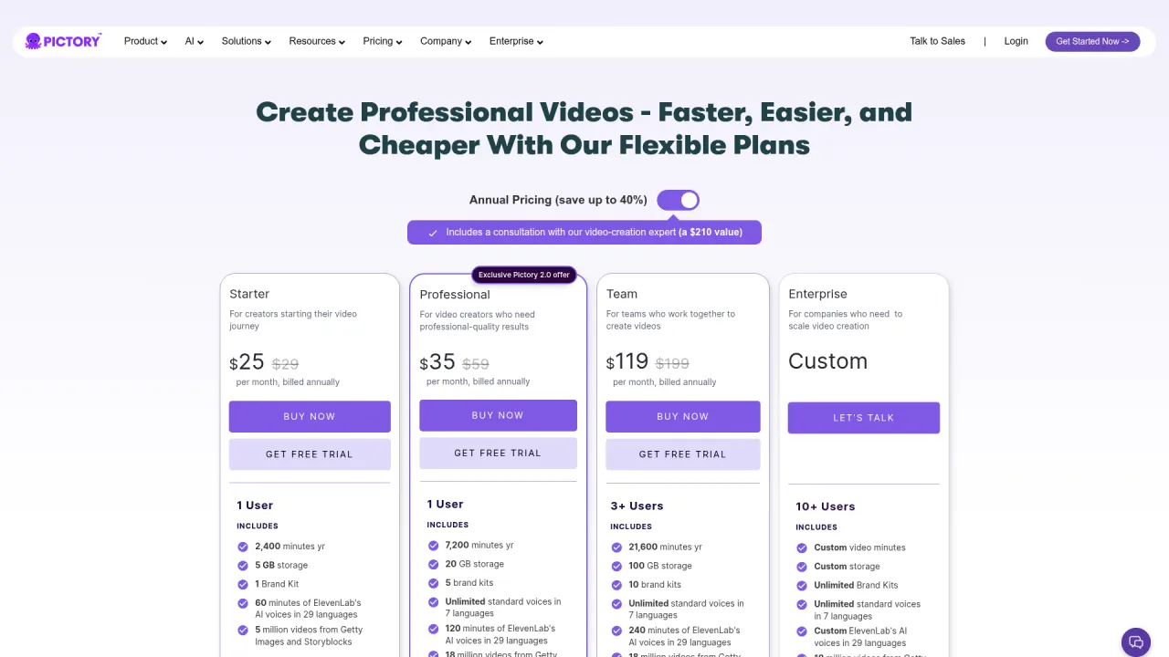 Pictory pricing page screenshot