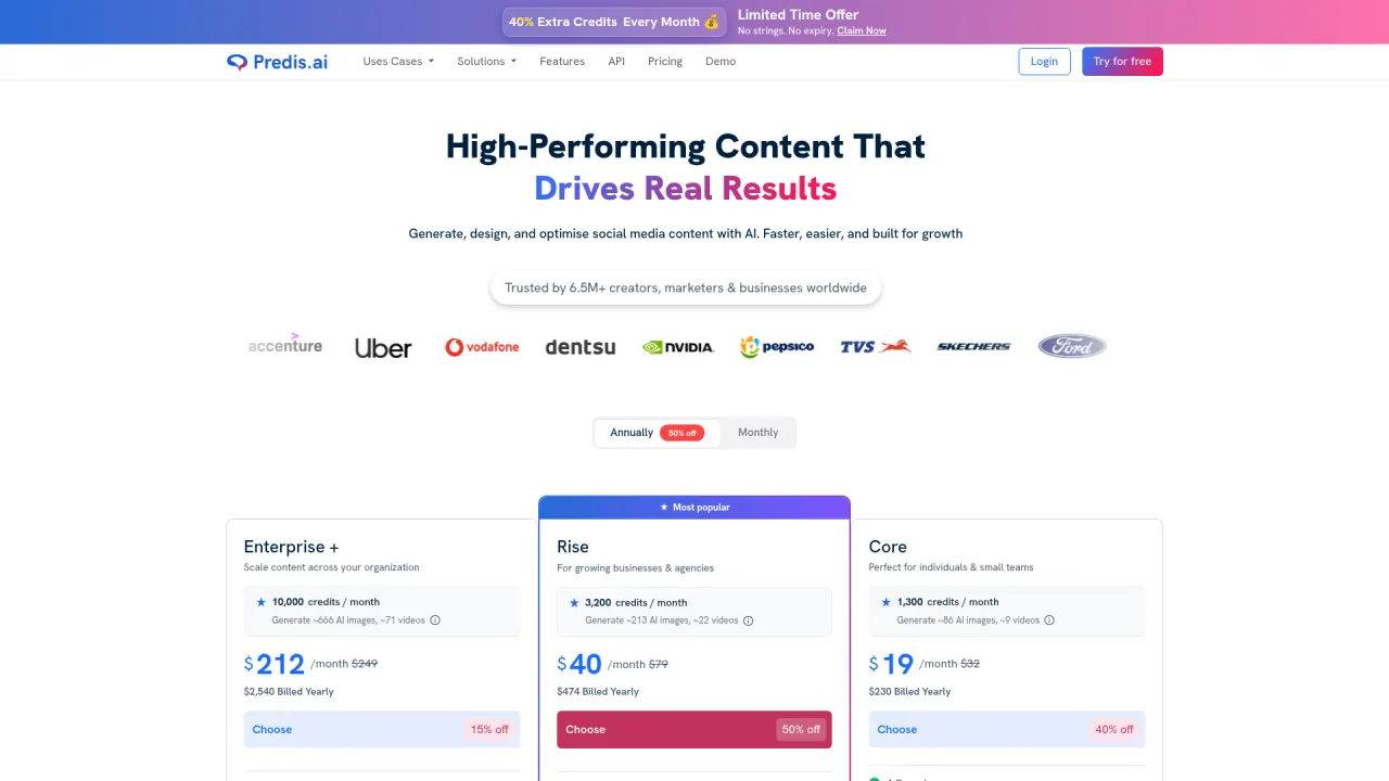 Predis.ai pricing page screenshot