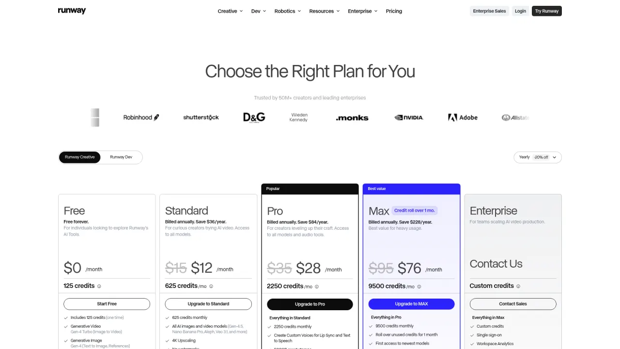Runway pricing page screenshot