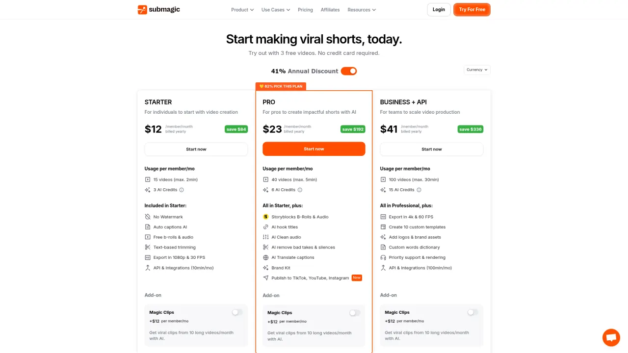 Submagic pricing page screenshot