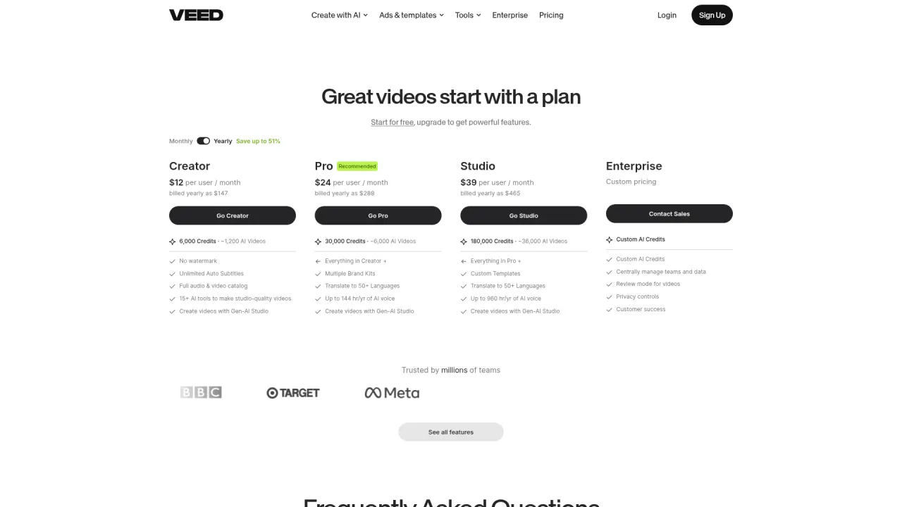 VEED pricing page screenshot