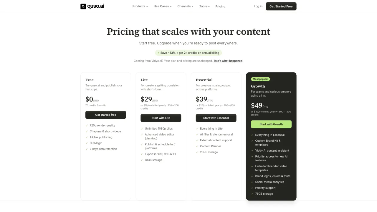 Vidyo.ai (now quso.ai) pricing page screenshot