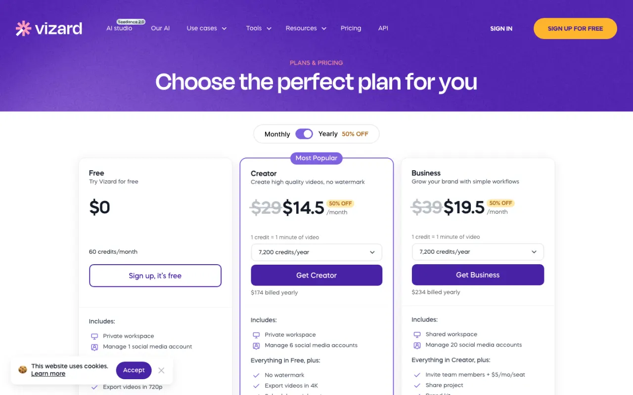 Vizard pricing page screenshot