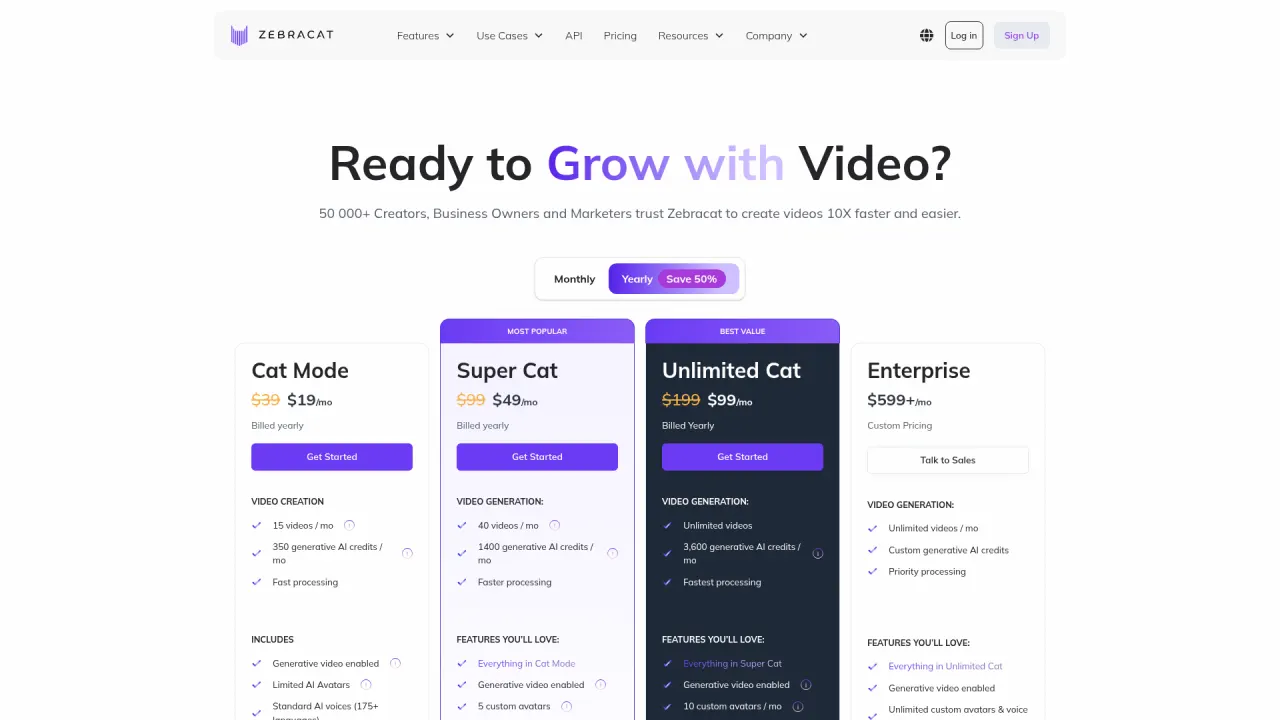 Zebracat pricing page screenshot